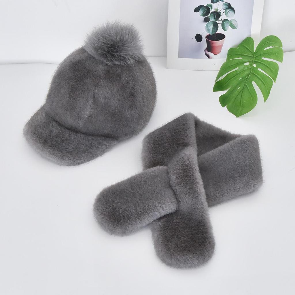 Autumn Winter Faux Mink Fur Baseball Cap for Women with Pom Pom, Faux Fur Warm Fleece Hat Scarf Set For Outdoor Travel
