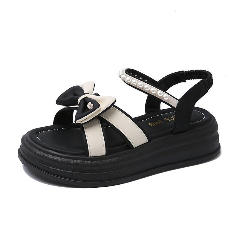 

Bow thick-soled Roman sandals female 2025 summer new outer wear with skirt fairy wind beach pearl sandals 42 чорний