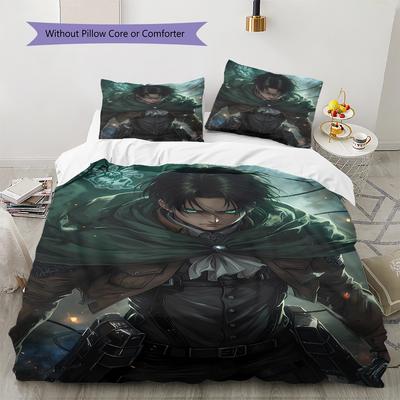 Literie Motif Attack on Titan, Ensemble Couette Housse de Couette Taie d'oreiller Cadeau d'Anniversaire Maison (1 housse de couette + 2 taies d'oreiller, sans garniture.)