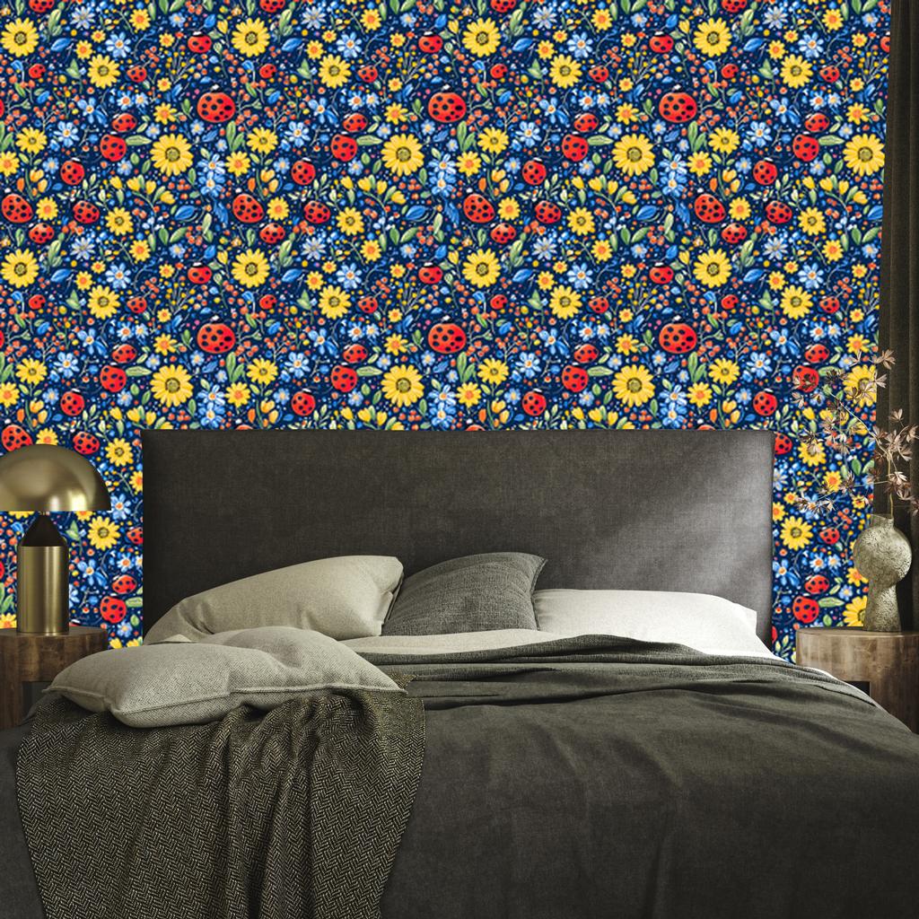 Ladybugs Wallpaper Navy Blue and Yellow for Living Room and Bedroom 50x1000