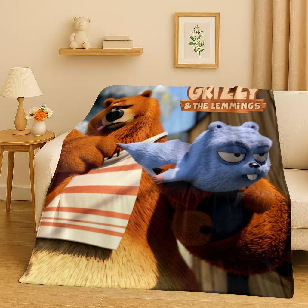Kawaii Grizzy and The Lemmings Cartoon Flannel Blanket,Ultra Soft Warm Plush Throw for Home Bedroom Bed Sofa Cover Kids Gift