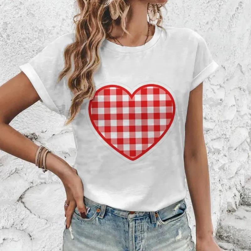 Hochwertiges, modisches T-Shirt mit Rundhalsausschnitt und kurzen Ärmeln, für den Sommer, neues, lockeres T-Shirt mit Herz-Print, elegantes, lässiges, bequemes Damen-T-Shirt