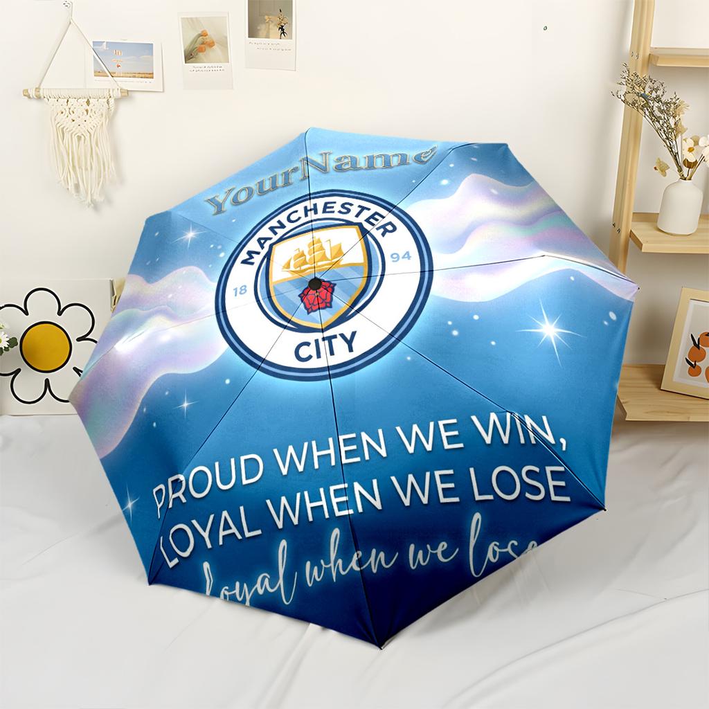Manchester City Customizable Name Umbrella Portable Automatic Umbrella Compact 8-Rib Design Compact Design for Outdoor Daily Use Elegant Spiritual Gif