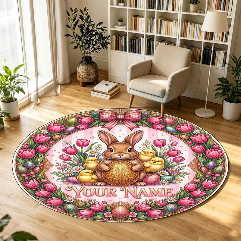 Easter Bunny (1) Theme Circular Crystal Velvet Carpet Customized Name & Text Round Soft Floor Rug For Living Room Bedroom Decor