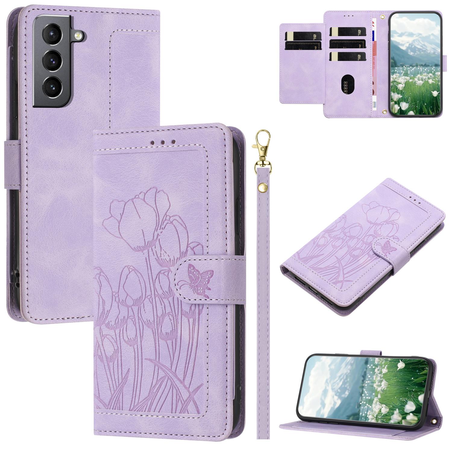 

For Samsung Galaxy S22+ 5G Case Tulip Leather Phone Cover with 5 Card Slots Wallet Purple
