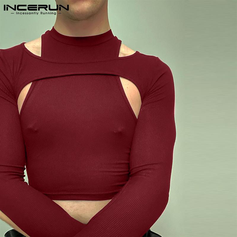 

INCERUN весенние мужские модные сексуальные топы с длинными рукавами и высоким воротником, облегающая однотонная клубная одежда, короткая футболка, блузка S-5XL