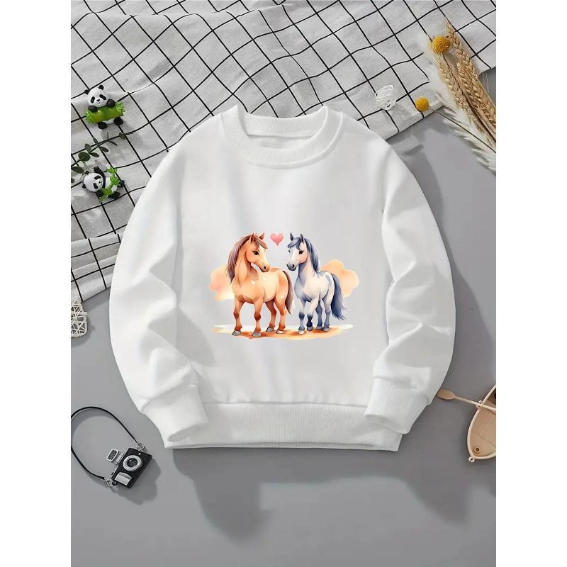 Girls' Crewneck Sweatshirt - Lovely Horses Standing Together with Machine Washable, Spring And Autumn