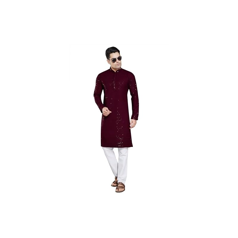 Divisive Men' Sequince Embroidered Cotton Blend Only Kurta (Dkrt4_L_Burgundy)