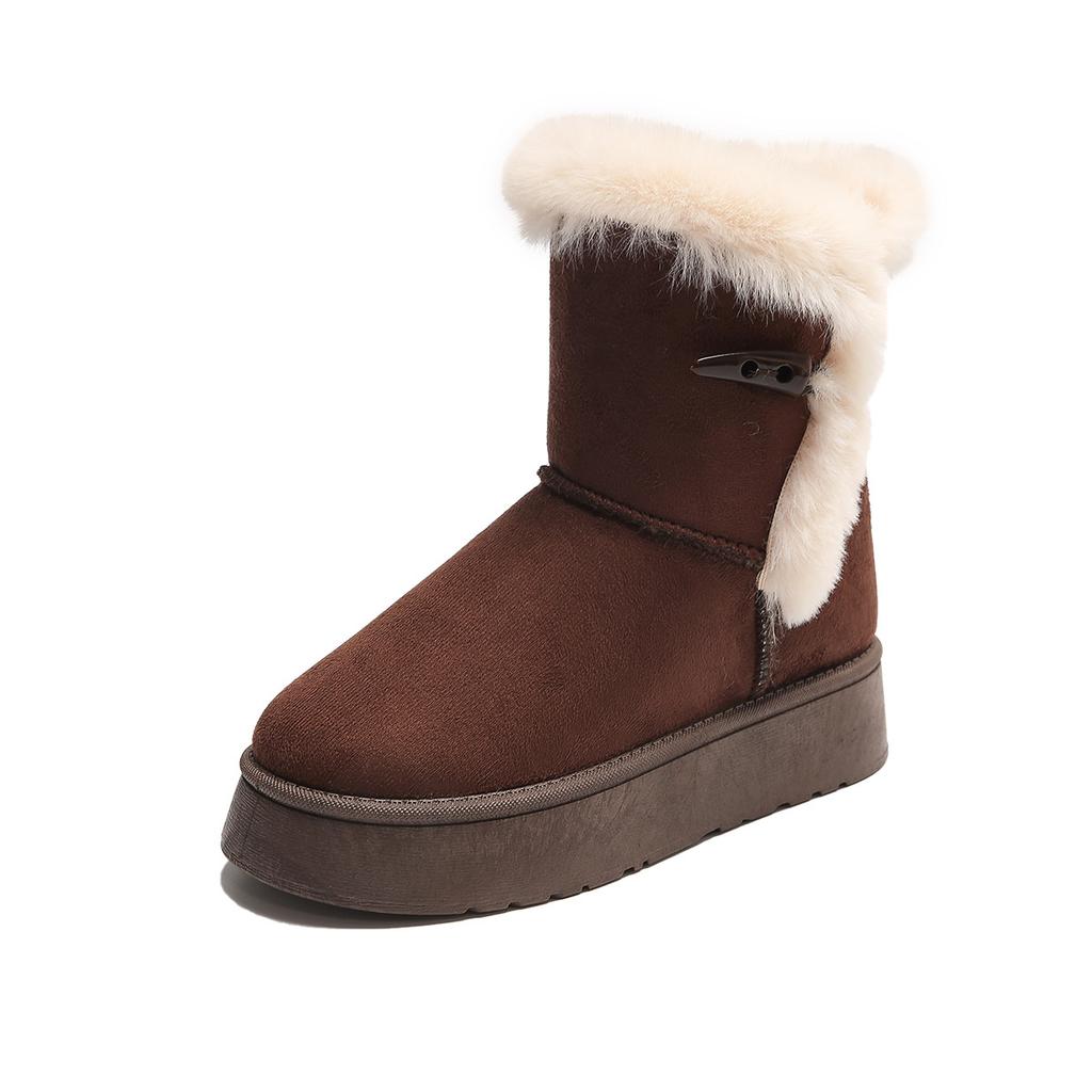 Warme Winterstiefeletten für Damen, rutschfeste Plateau-Schneestiefel mit Fellfutter, Bailey-Knopf, kurze Stiefel für Damen, bequeme Booties aus Fleece-Wildlederimitat