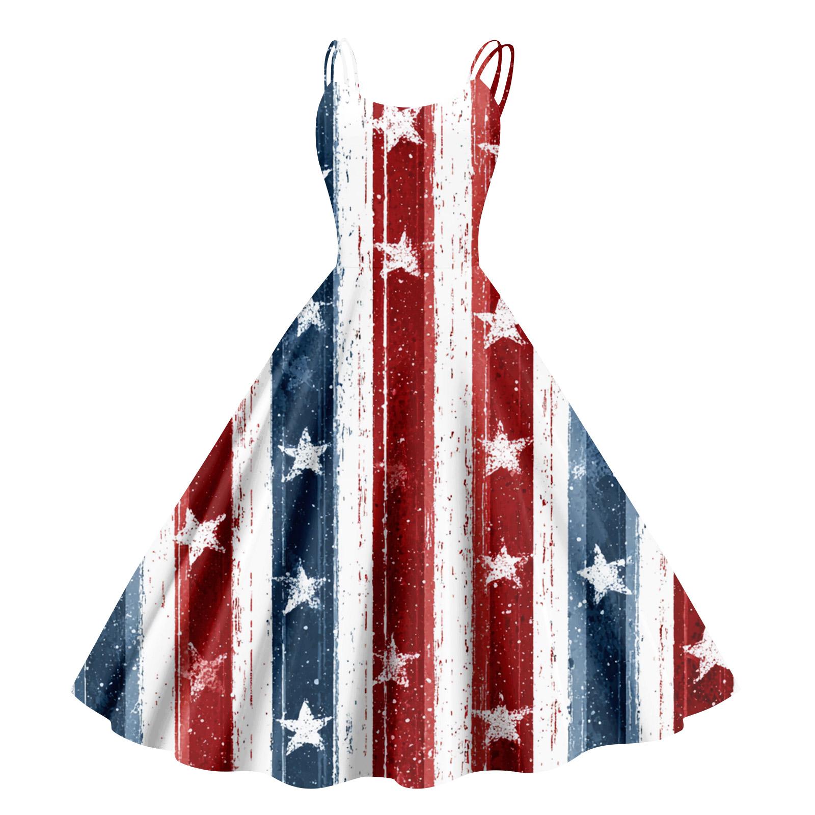 Women’s Sleeveless Spaghetti Strap Dress with Vertical Striped Star Print A Line Casual Midi Sundress for Summer L красный