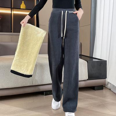 Women Winter Comfortable Snow Warm Sweatpants Lady Solid  Elastic Wide Leg Straight Leg Lamb Velvet Thermal Trousers
