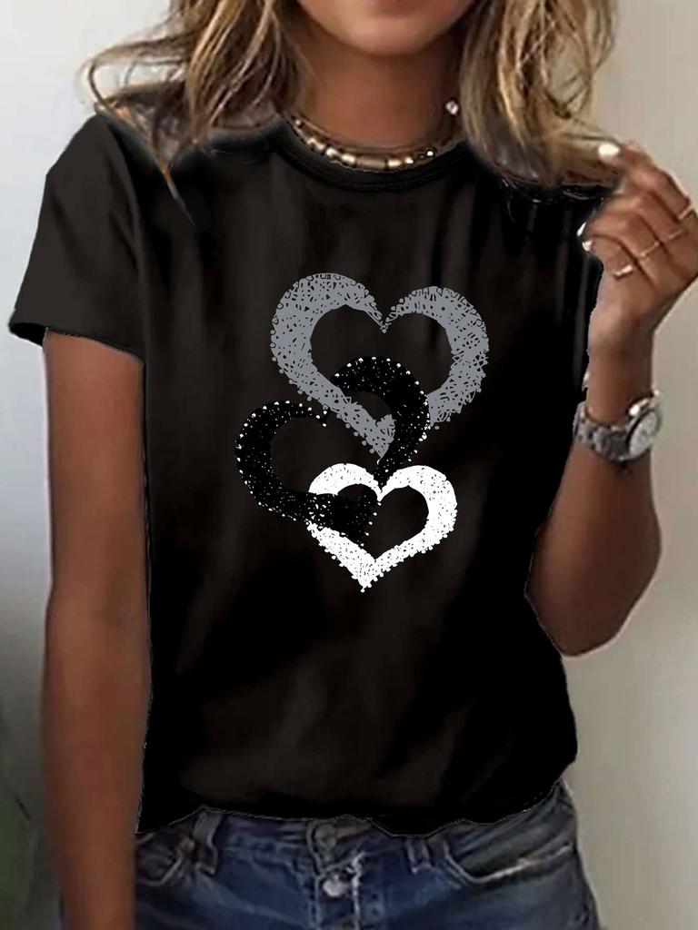 Evropské velikosti Tričko s potiskem kreslených srdíček, Krátký rukáv, Kulatý výstřih, Ležérní top pro ženy, Vhodné na léto a jaro.