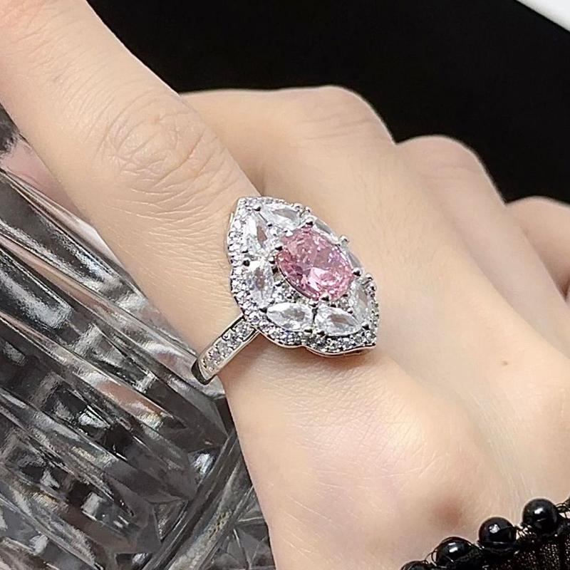 Exquisite Pink Cubic Zirconia Wedding Ring  Sterling Silver Ring High  Flower Wedding Open Rings for Women