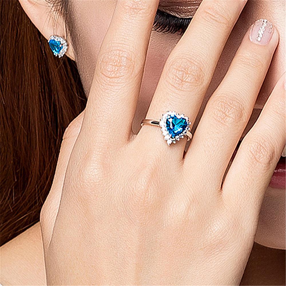 Foreign Trade Ring Ocean Heart -Shaped Micro -Setting Ring Titanic Open Adjustable Heart -Shaped Blue Crystal Ring