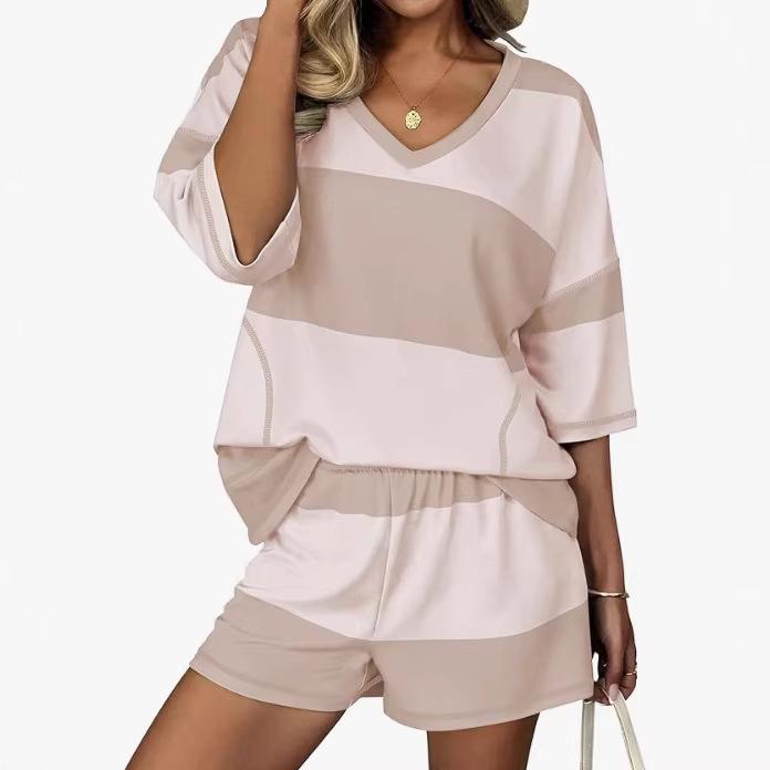 Spring/Summer Women's Striped Short-Sleeve Top & Casual Shorts Two-Piece Sportswear Set