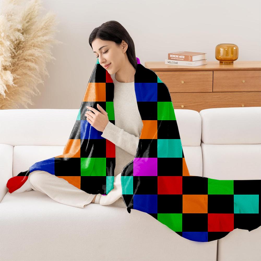 1pc Mondrian-Style Multicolor Geometric Block Print Plush Fleece Blanket - Soft Warm All-Season Bedspread with Iconic Black Whit