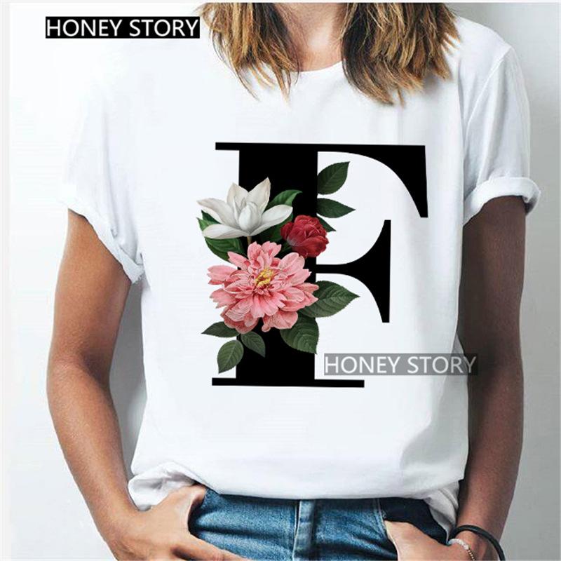 Kawaii English Alphabet Flowers Graphics Female T-Shirt 90S Summer Loose Short Sleeve Round Neck Female Tops Clothing