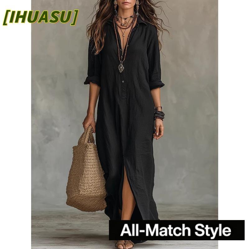 IHUASU Women's Fashion Spring Autumn Solid Color Print POLO Neck Long Sleeve Casual Dresses