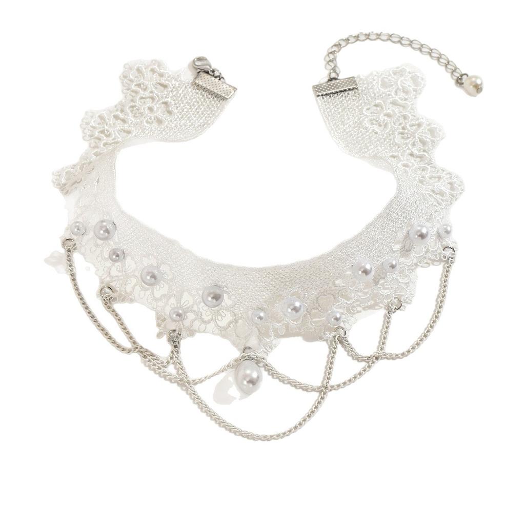 Bridal Lace Pearl Choker, Vintage Hollow Lace Wedding Clavicle Neck Collar