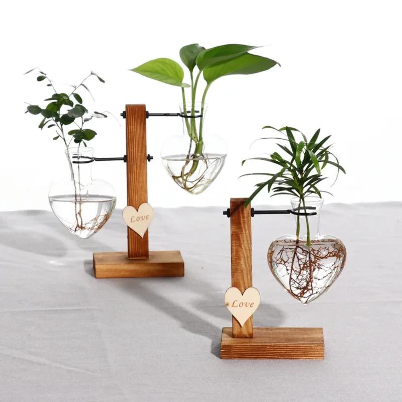 Creative “Love”-Shaped Hydroponic Glass Vase — Wooden Living Room Flower Arrangement Decor Set, for Fresh or Dried Plants, Trans