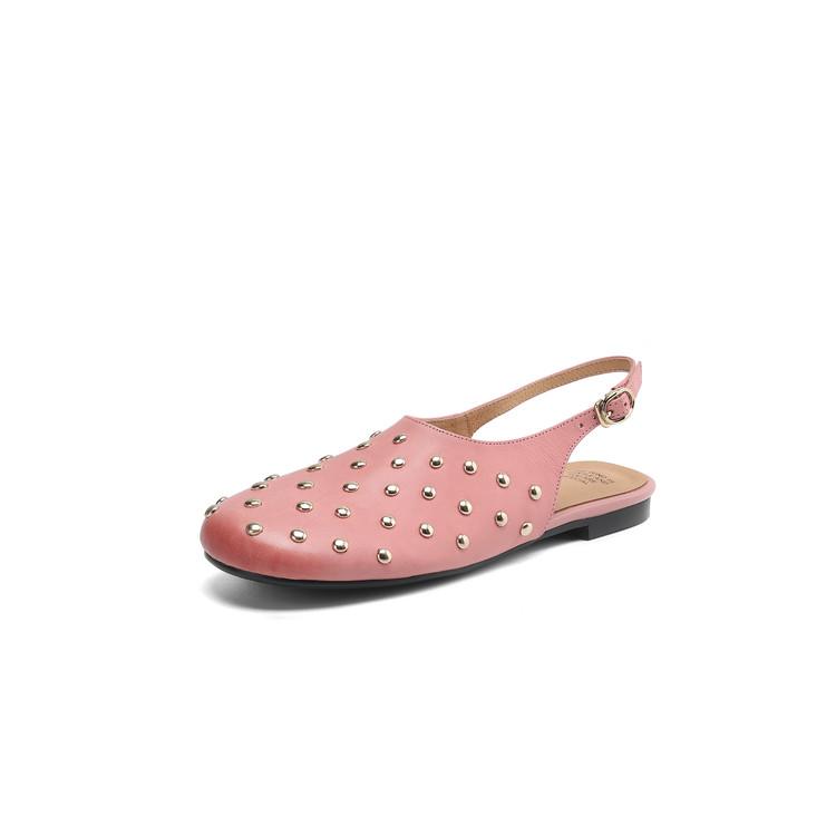 Fashion New Summer Sandals Genuine Leather Round Toe Sandals for Women Low Heels Fashion Rivet Sandals Ladies Shoes Women Flat Shoes