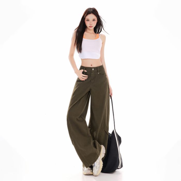 Spring Summer Vintage Pleated Cozy Loose Fit Fashion Denim Full Length Casual Pants Women Casual Pants Oversize Denim Trousers XS