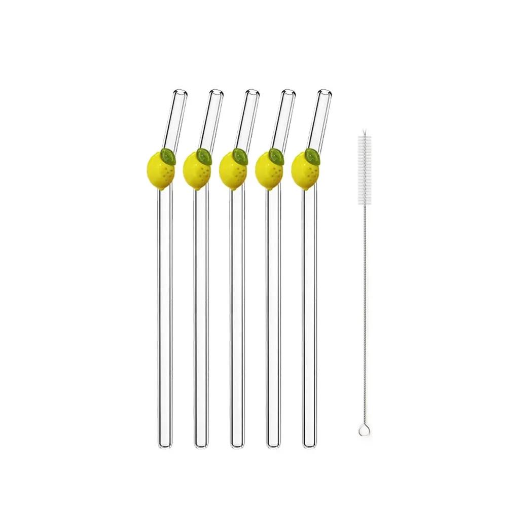 

5Pcs Reusable Glass Straws Decorative with Lemon Shape Smoothie Cocktails Straw Kitchen Accessories Home Party Drinkware