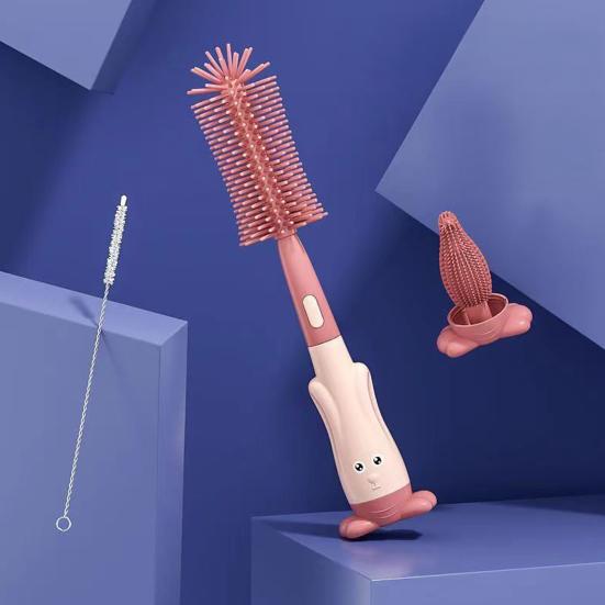 3Pcs/Set Baby Bottle Brush Set Silicone Nylon Bristles 360 Degree Deep Cleaning Cup Brush with Rabbit Shaped Holder