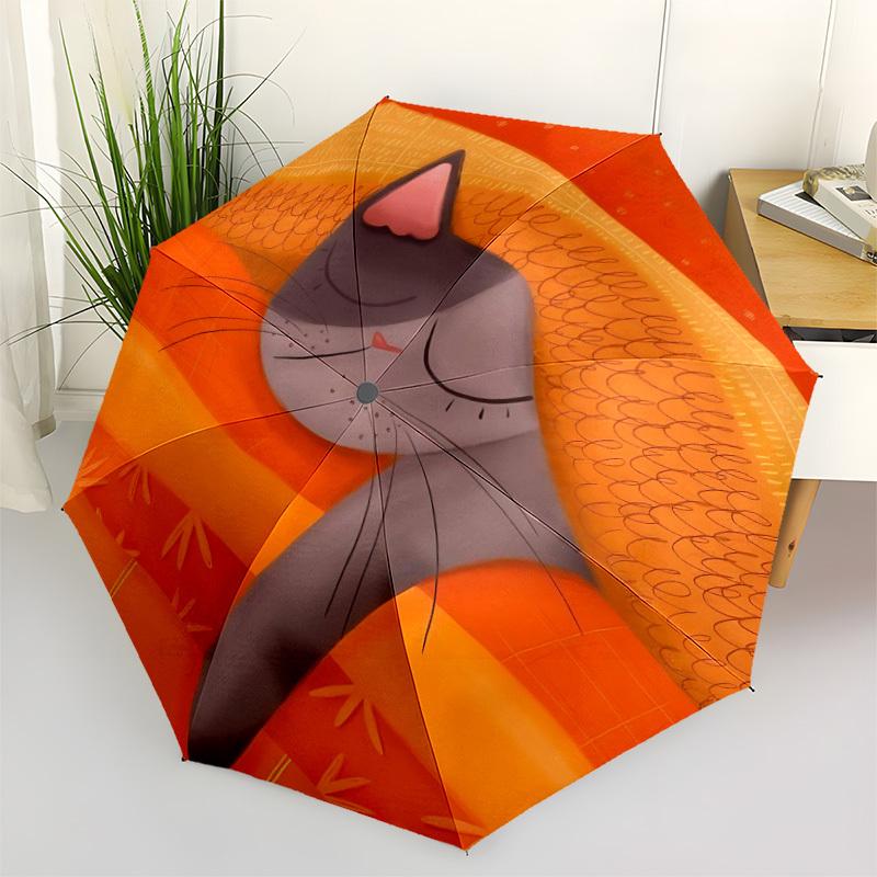 1pc Cozy Sunset Cat Automatic Folding Umbrella, Durable Plastic & Iron, Lightweight for Outdoor Daily Use  008