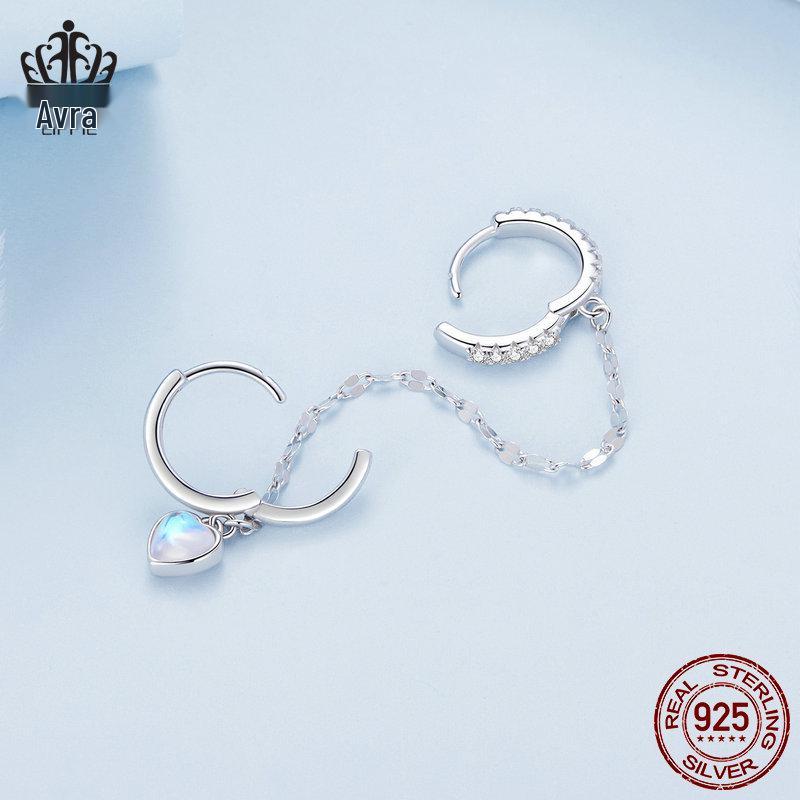 Avle Sterling Silver S925 Heart-Shaped Moonstone Chain Double Ear Cuff Earrings BSE809