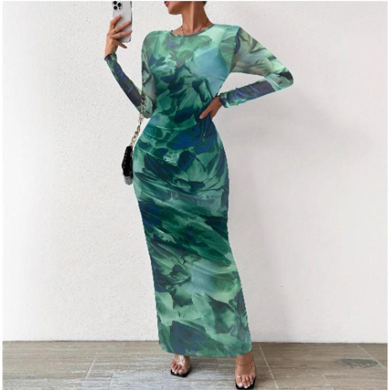 Pleated Round Neck Dress Fancy Women's Tie-Dye Ruched Silm round-Neck Long-Sleeved Dress