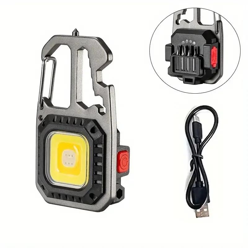 COB LED Work Light USB Rechargeable Keychain Flashlight 7-Modes with Battery Display for Outdoor Camping Hiking Emergency Use