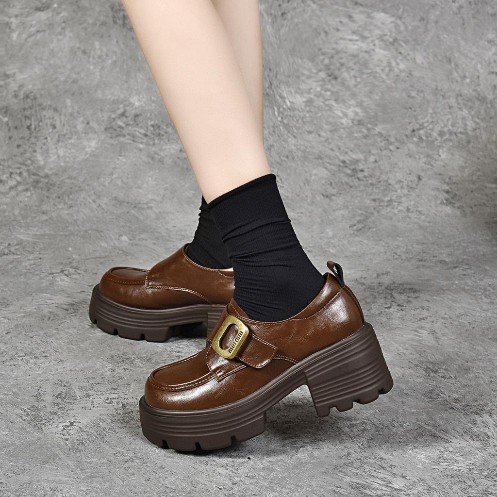Platform shoes women's autumn and winter square buckle waterproof table muffin and one-pedal single shoes four-season shoes