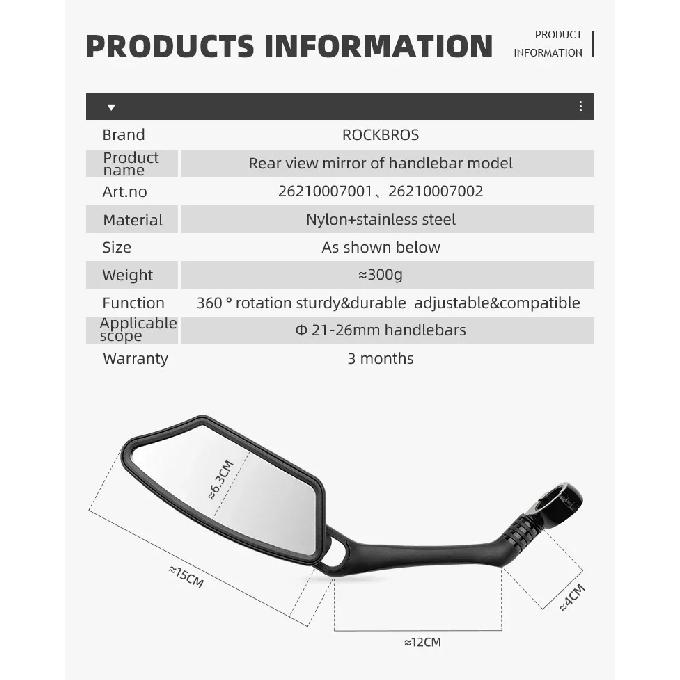 ROCKBROS Bicycle Mirror Handlebar Rear View Stainless Steel Reflector Universal Wide-Range 360° Adjustable Mirror Bike Accessory
