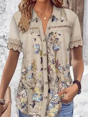 V-neck Button-stitched Short-sleeved Women's Casual Shirt