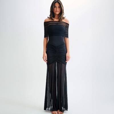 Spring Off-Shoulder Backless Maxi Dress For Women Gown Fashion Mesh Strapless Sleeveless Bodycon Long Dress Elegant