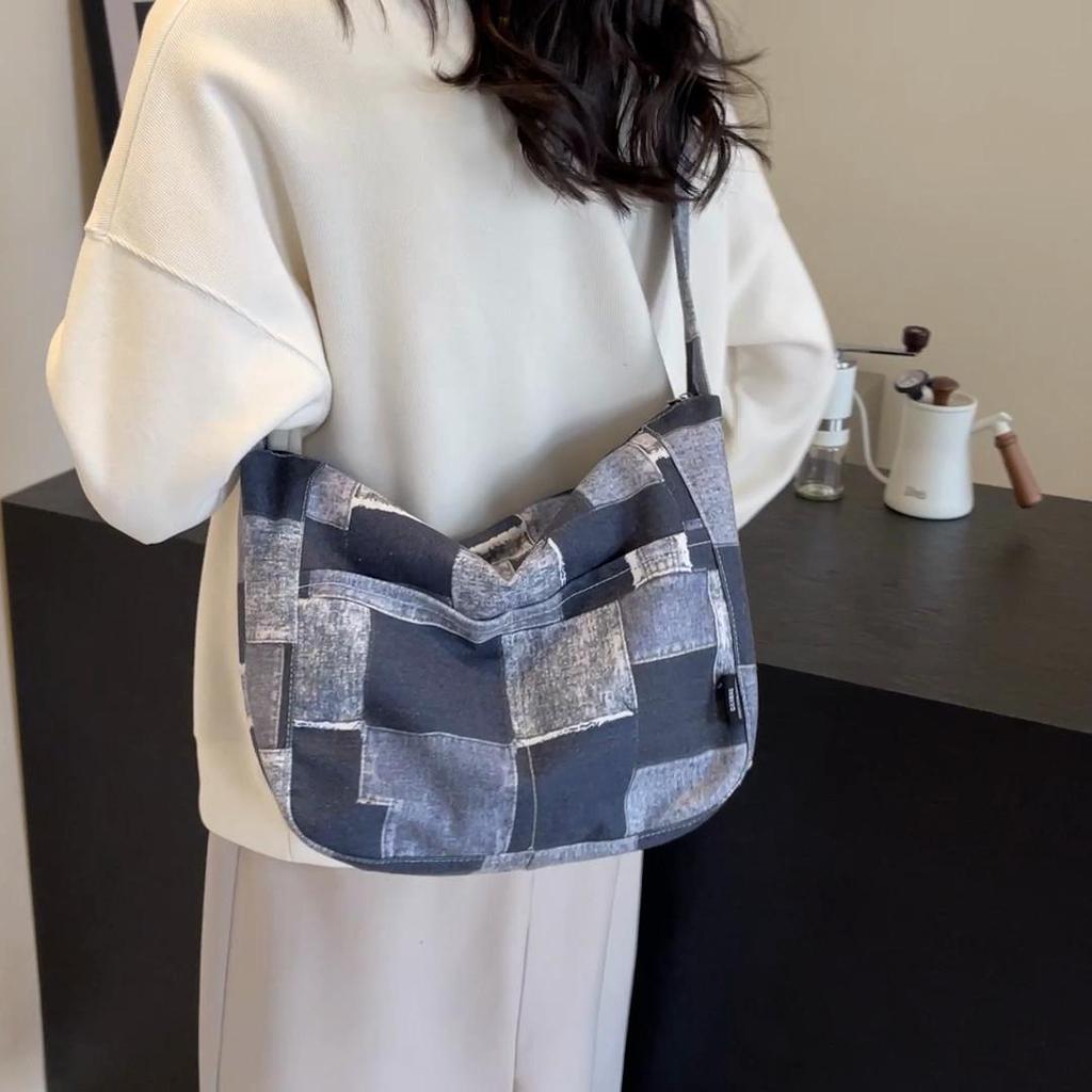 Große Kapazität Damen Denim Umhängetasche Patchwork Student Pendler Schultertasche