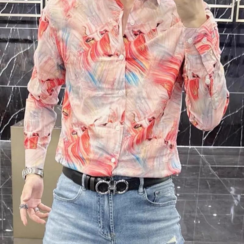 

Spring Autumn High-end Long-sleeved Men s Pattern Color Slim-fitting Personalized Fashion Printed Shirts L красный