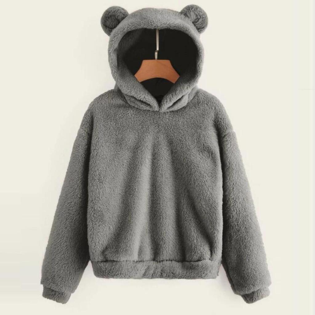 Mode Femme Manches Longues Couleur Unie Polaire Oreilles Capuche Chaud Pull Sweat-shirt