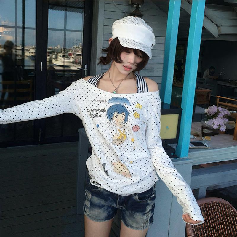 Japanese Y2k Anime Print T-shirt 2000s Cutecore Off Shoulder Tops Vintage Harajuku Long Sleeve Fake Two-piece Top Kawaii