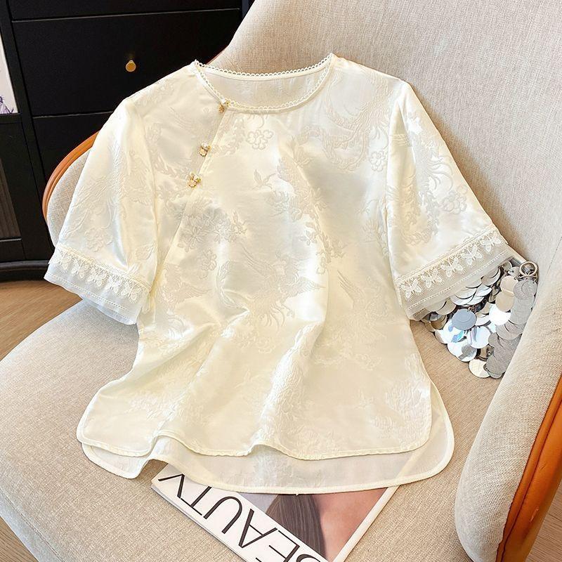 Top women's summer new short-sleeved disc-buckled mother's shirt popular shirt fashion