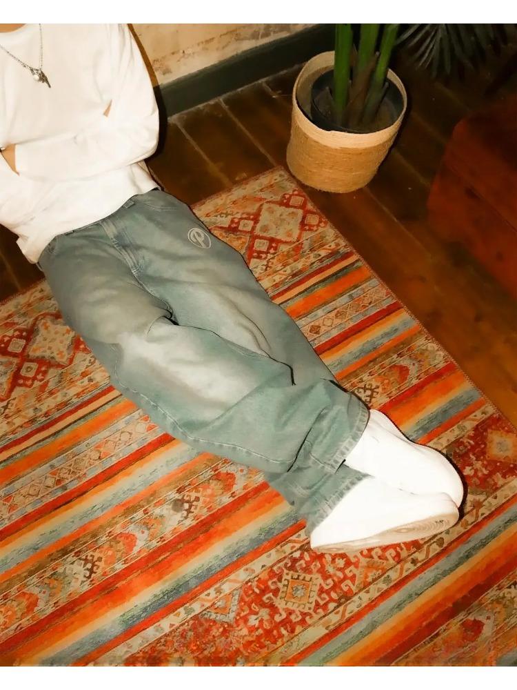 Streetwear Jeans Y2K pánské Kalhoty Harajuku Hip Hop Letter Výšivka Vintage Blue Baggy Jeans Vysoký pas Široká noha Kalhoty