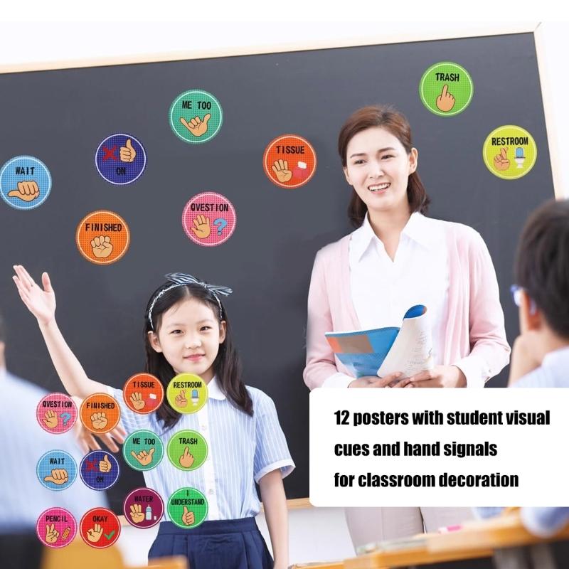 Packung mit 12 Visuellen Handzeichen-Postern Schildern für Schule Kindergarten Klassenzimmerdekoration Lernhilfen für Schüler