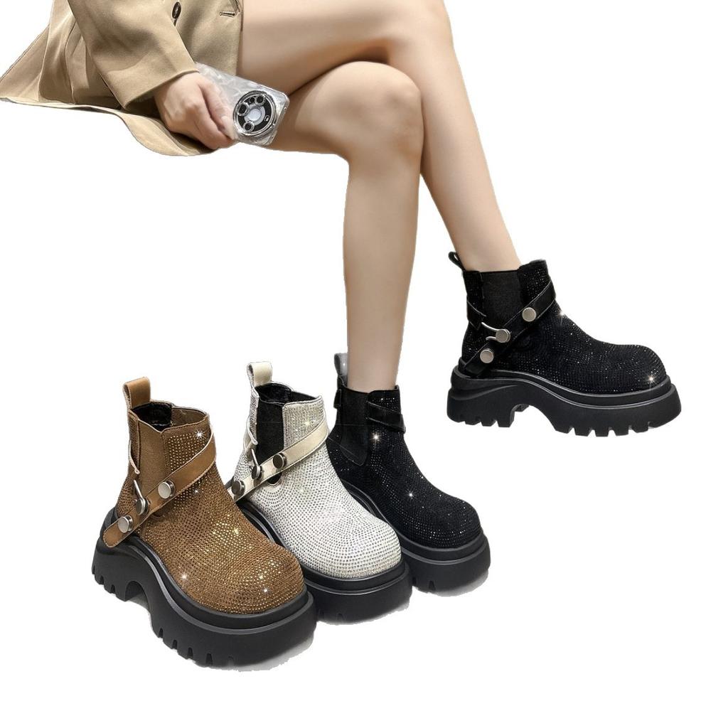 European Station 2025 Autumn and Winter New Leather Platform Premium Martin Boots Women's Fashion Full Diamond Retro Locomotive Boots