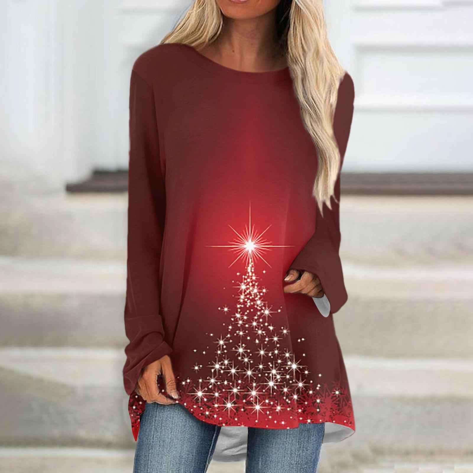 

Женская мода, повседневная блузка с длинным рукавом и рождественским принтом, пуловер с круглым вырезом XL красный