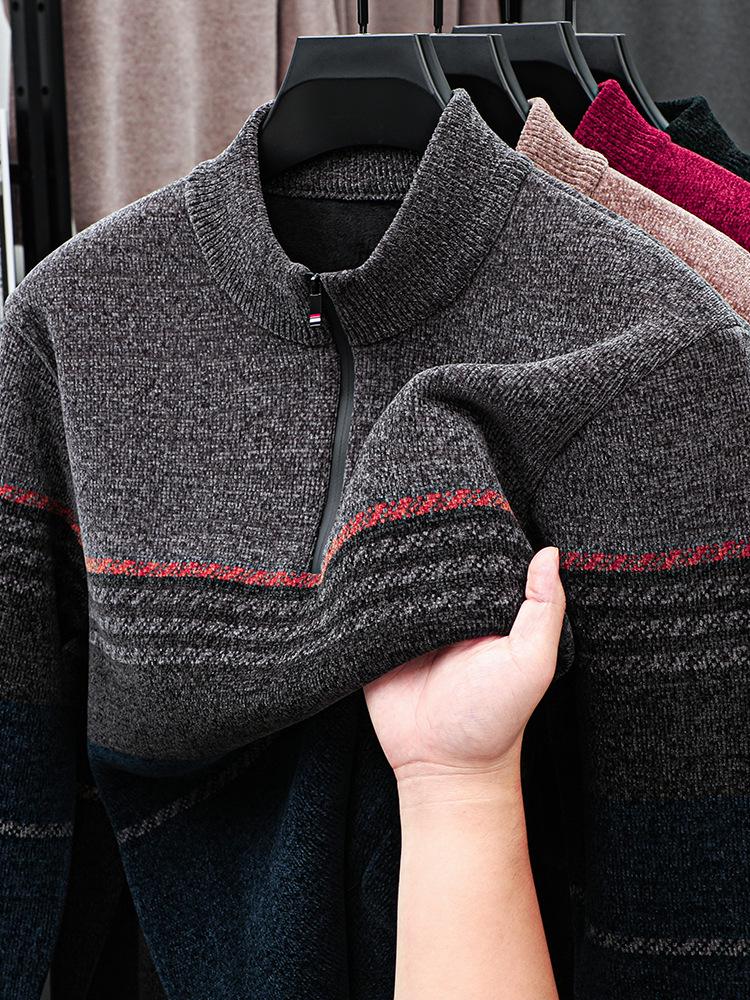 Men's Plush Thick Chenille Knit Sweater with Half-High Collar and Zipper