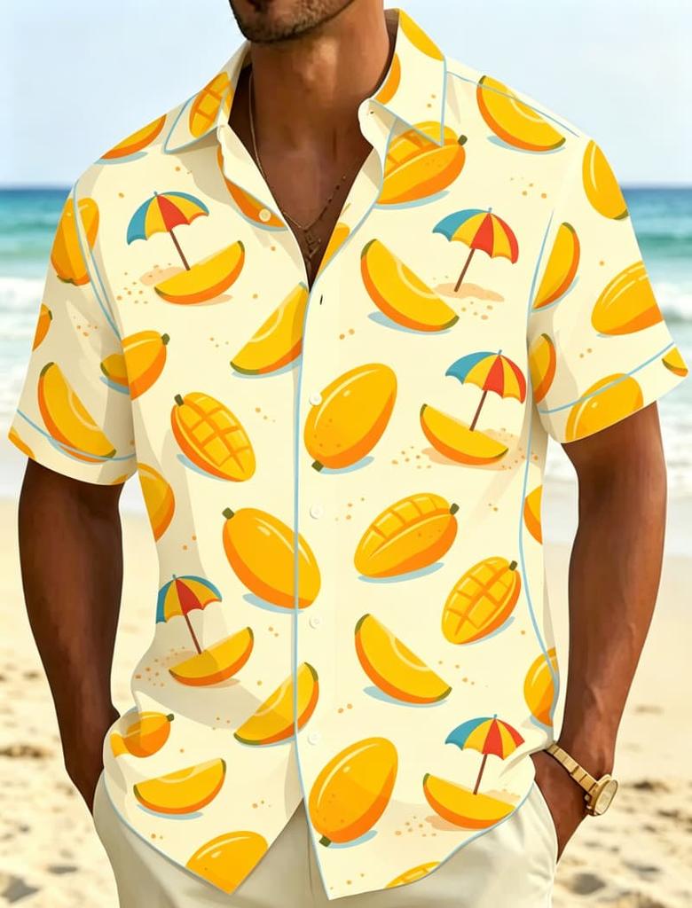 Herren Hemd mit tropischem Frucht- und Getränkedruck, Lässiges atmungsaktives Oberteil für Sommerurlaub, Party, Reisen und den täglichen Gebrauch