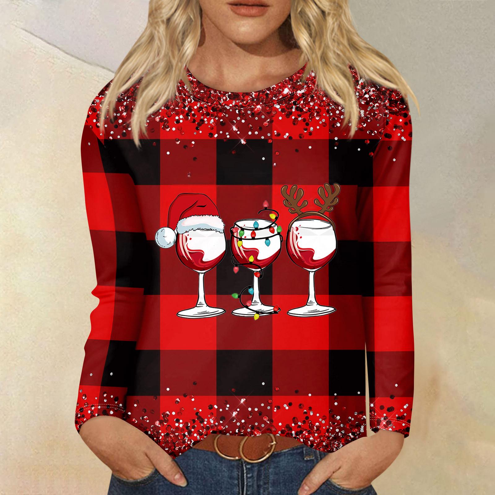 

Женские рождественские топы Рождественские рубашки с длинным рукавом Женские рождественские принтованные топы с длинным рукавом Обычные повседневные топы XXXXL винный