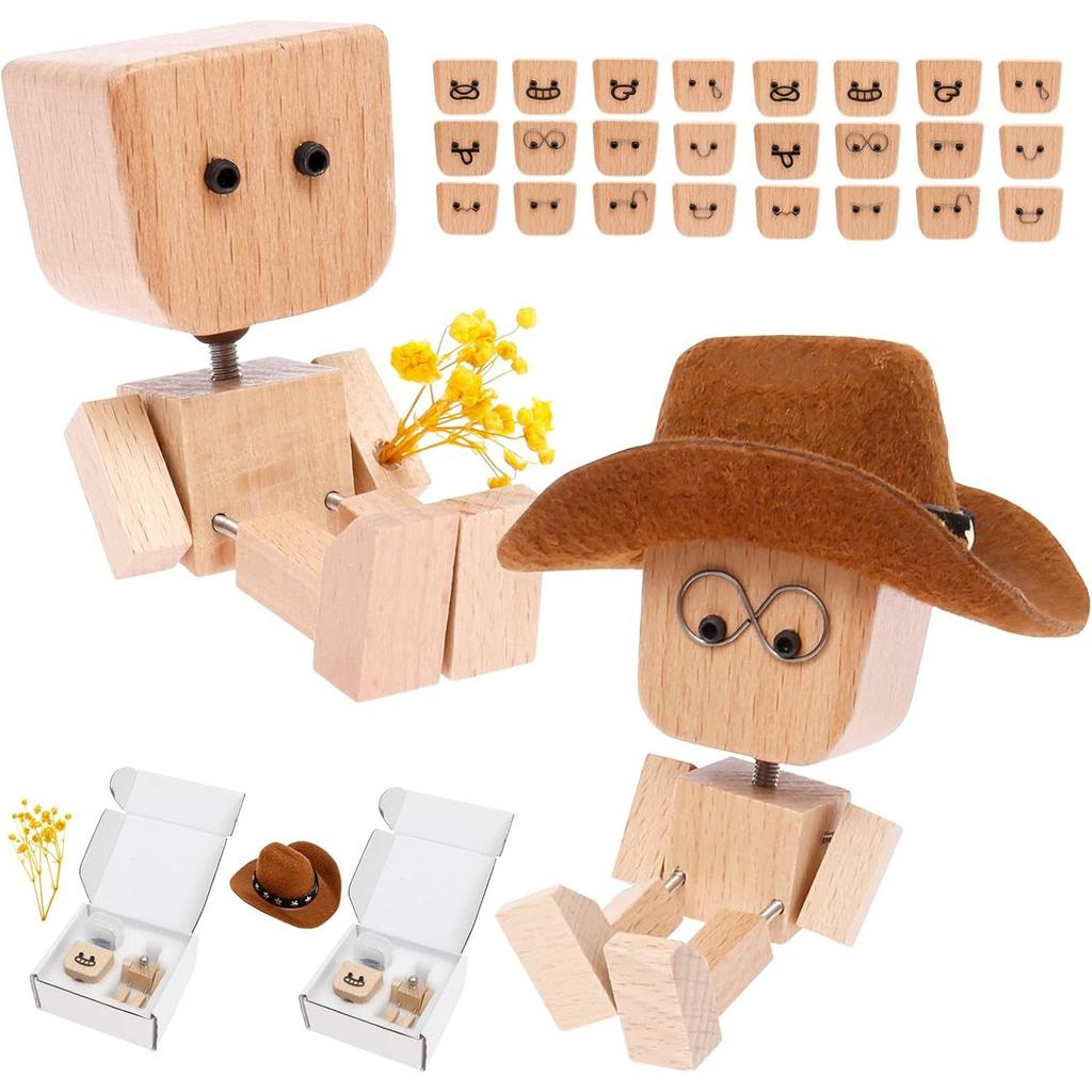Shaking Wooden Man Figurine,Shaking Feet Wooden Doll with 24Pcs Expressions for Dashboard Decorations,Car Dashboard Figurines Charming Little Wood