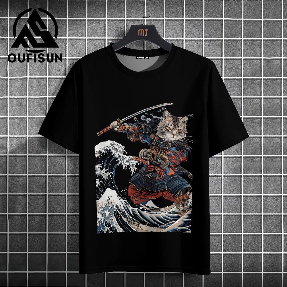 Samurai Cat T-Shirt Men's Japanese Shirt Black Short Sleeve T-Shirt